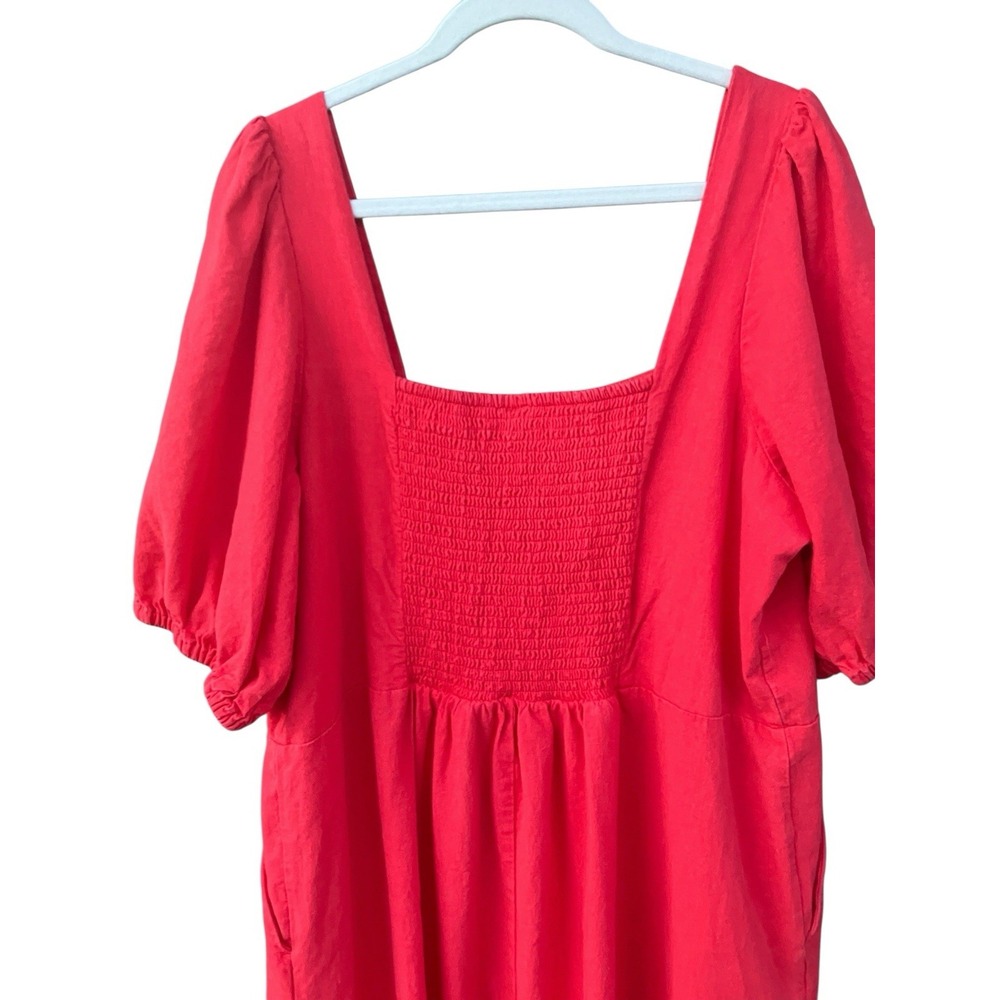 XXL Tall Old Navy Linen Blend Dress Puff Sleeve Button Front Midi Smocked Red - Picture 7 of 9